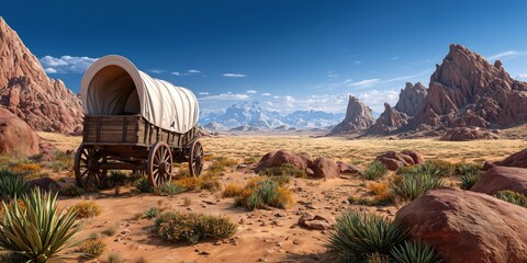 Un magnifique paysage de l'ouest am&eacute;ricain d&eacute;sertique avec un vieux chariot en bois abandonn&eacute; et des montagnes rocheuses en arri&egrave;re-plan.