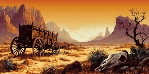 Une affiche vintage repr&eacute;sentant un paysage du far-west, coucher de soleil poussi&eacute;reux avec un charriot en bois et un cr&acirc;ne d'animal mort au premier plan, symbolisant la conqu&ecirc;te de l'ouest.