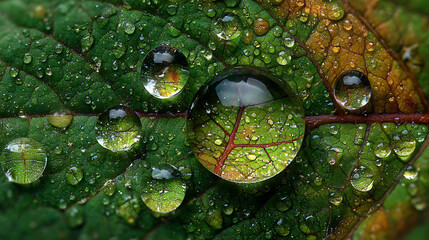 A secret world contained within a single leaf, dew drops like hidden gems