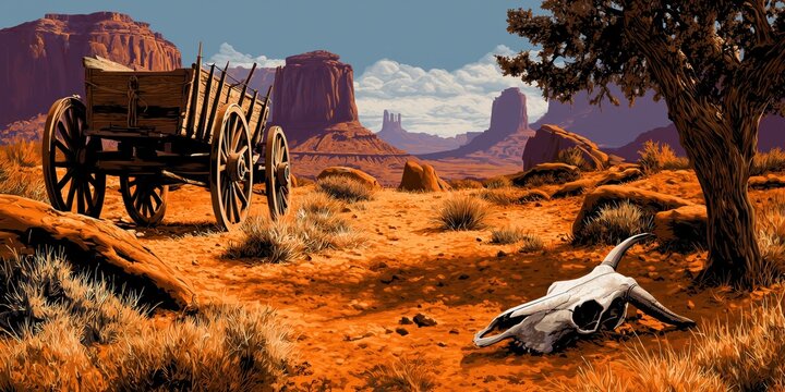 Une paysage vintage repr&eacute;sentant la conqu&ecirc;te de l'ouest &agrave; l'&eacute;poque des cow-boys, coucher de soleil poussi&eacute;reux avec un charriot en bois et un cr&acirc;ne d'animal mort au premier plan.