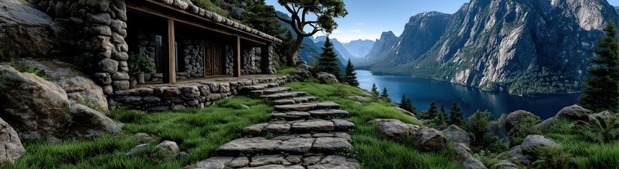 Fototapeta premium Une maison en pierre dans un paysage paradisiaque de haute montagne en été avec un lac, des forêts et des falaises escarpées à l'horizon, vue panoramique.
