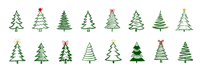 Hand Drawn Christmas Tree Doodle Icons Set. Collection of hand drawn green Christmas tree doodle icons with stars and bows, perfect for festive cards, patterns and winter holiday designs. Vector set