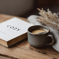 A cozy scene of a cup of coffee and a vintage book, hinting at a moment of relaxation and contemplation. Minimal winter comosition.