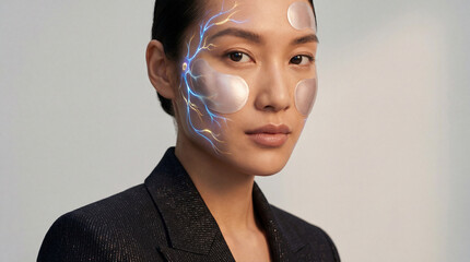 A woman is facing forward, wearing facial patches with glowing electric currents overlaid on her skin, suggesting a futuristic or technological approach to beauty and skincare.
