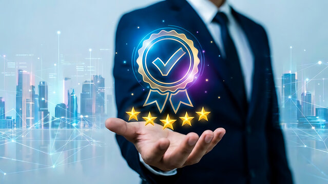 Hand holding quality guarantee badge with check mark and stars concept for best service and product with city skyline in background