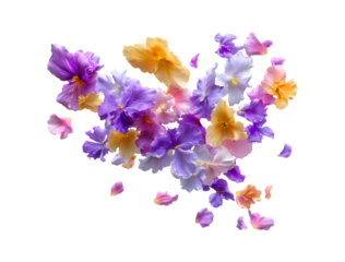 Beautiful Floating Hibiscus Petals: Vibrant Purple, Pink, and Gold Dynamic Floral Composition isolated on a transparent background