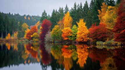 Trees display bright autumn colors around a lake. The water reflects red, yellow, and orange leaves on a quiet fall morning in the forest area