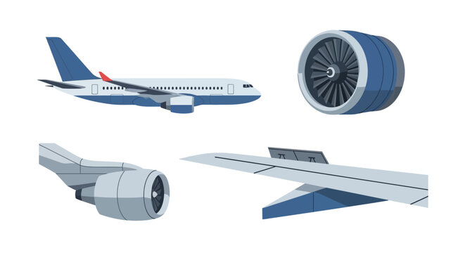 Airplane parts - fuselage, wings, and engines, blue and white color scheme, detailed illustration.