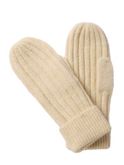 Pair of knitted wool mittens with ribbed texture isolated on transparent background