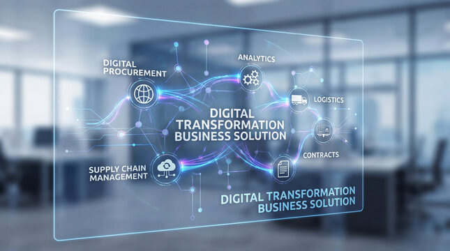 a luminous display highlights digital solutions like supply chain, logistics, and analytics, creating a vision for modern business transformation in a bright office.