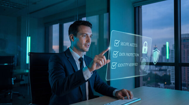 A professional man in a suit touches a holographic interface with security icons. The office glows with futuristic lighting, overlooking a cityscape at twilight.