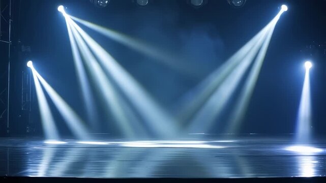 Bright stage spotlights shine down, creating a theatrical effect with beams of light on a surface
