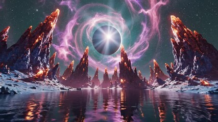 Witness the breathtaking celestial dance of a total eclipse over an alien landscape, mirrored in serene waters, a mesmerizing and surreal experience