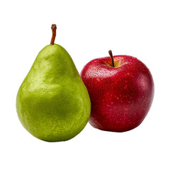 A ripe green pear and a shiny red apple isolated on transparent background