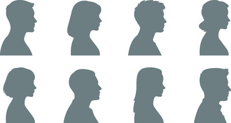 Silhouette profile avatars collection, male and female side view heads, anonymous people icons set, flat gray human character illustration