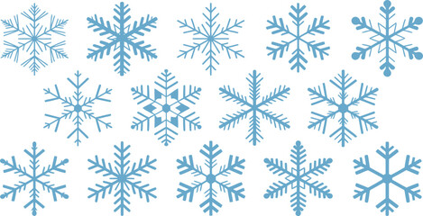Snowflake icons vector set, winter blue snow crystals collection, decorative frozen ice shapes, seasonal Christmas holiday design elements illustration