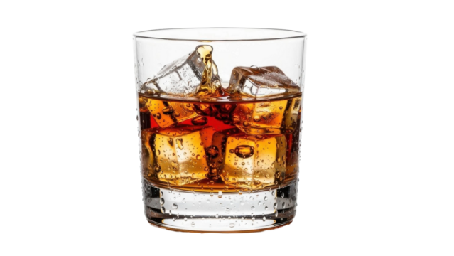 Amber whiskey splash in glass with ice cubes