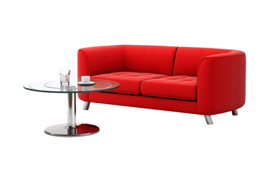 Luxurious Red Two-Seater Sofa and Modern Glass Table isolated on a transparent background