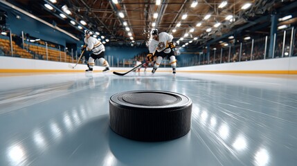 A hockey game is in progress with a black puck on the ice