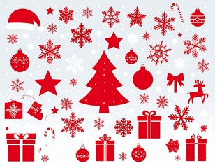 Festive christmas elements: Red icons of santa, tree, snow and gifts on a background