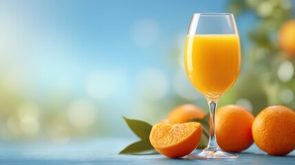 A clear glass holds fresh orange juice next to whole oranges and sliced pieces on a table outside. Sunlight shines in the background creating a bright scene