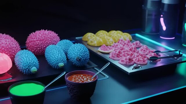Colorful dessert display with neon lighting at event