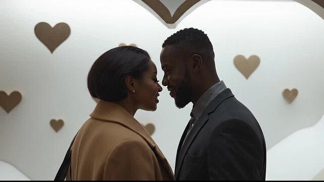 Romantic date for a stylish couple in love near a modern heart art installation, perfect for engagement or Valentine's Day content