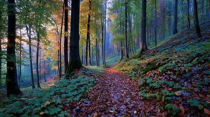 Carpet of fallen leaves in a tranquil forest at the break of dawn (1)