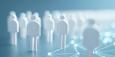 Stylized human figures stand connected on glowing surface suggesting corporate community.