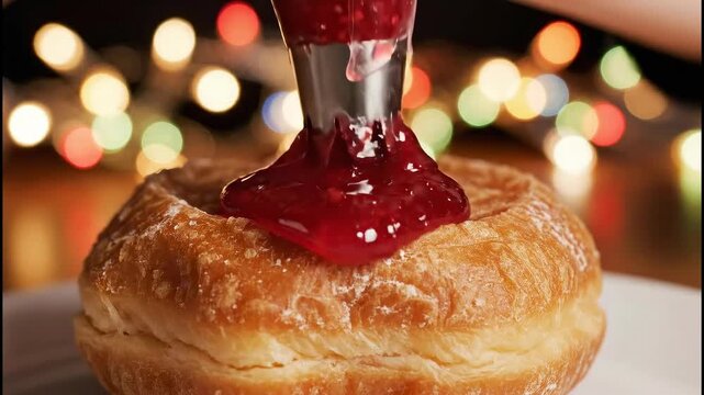 Close up of a hand piping delicious raspberry jam into a fresh cronut with festive bokeh lights for a gourmet dessert making concept and sweet indulgence