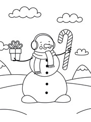 Snowman coloring page for kids. Simple winter outline with festive details. Printable for holiday fun, education, and family activities. Vector illustration
