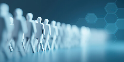 Organized queue of individual figures displaying structured formation with geometric hexagonal patterns.