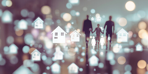 Silhouetted family with house icons representing property insurance and residential security concepts.