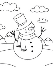 Snowman coloring page for kids. Simple winter outline with festive details. Printable for holiday fun, education, and family activities. Vector illustration