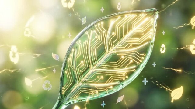 Conceptual image of a transparent leaf with glowing circuit board pattern inside, symbolizing green technology, sustainability, and ecofriendly innovation in nature