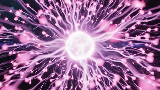 Dynamic cinematic depiction of an expanding and contracting spherical core of vibrant magenta and cyan light in an abstract resonant field magenta, data visualization, explosion