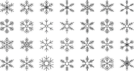 Snowflake line icons vector set, thin outline winter snow crystals collection, minimal frozen ice shapes, seasonal Christmas decoration illustration