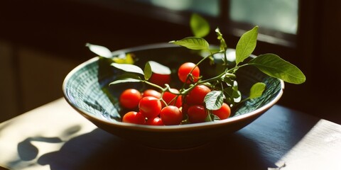 A bowl of red tomatoes and leaves. The bowl is green and has a white rim. The tomatoes are red and are arranged in a circle