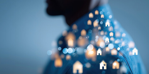 Silhouetted professional with floating home icons symbolizes digital property investment opportunities.