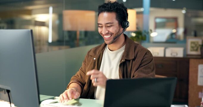 Help desk, contact us and man typing on computer for IT feedback, assistance or advice at night. Tech support, smile and person speaking with technician for troubleshooting in call center on overtime