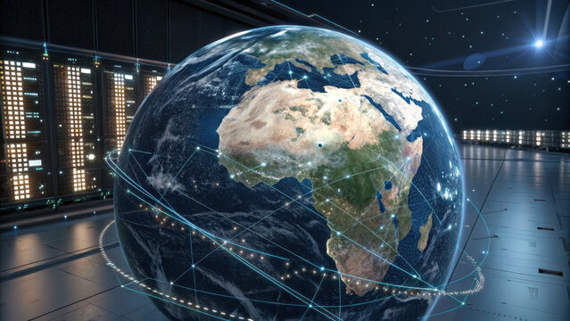 Holographic earth digital globe data network global map satellite orbit africa continent europe continent data center server room futuristic technology. Holographic earth digital globe data