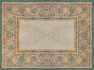 Close up of classic European french carpet rug texture. Seen here the floral ornamental swirls pattern in random brown, green, cream, and beige color tuft. Seamless European carpet pattern