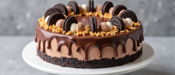 Decadent chocolate cake topped with cookies, cream, and crunchy bits, perfect for celebrations and dessert lovers