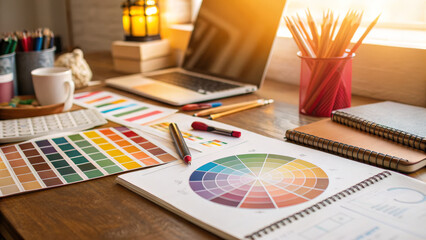 Color wheel design tools creative desk warm light laptop notebook pencils swatches palette workspace Calm creative desk with color wheel, design tools, warm light, and neat workspace vibes