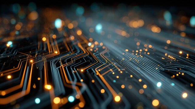 Technological Circuitry: An intricate network of pathways and glowing nodes pulses with the electric energy of digital advancement.