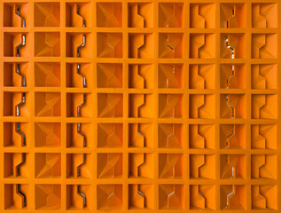 Pattern of moulded clay latticework, or Roster, or breeze blocks in modern futuristic geometrical pattern, in orange color. For wall finishes, partition, or architectural elements. Seamless texture