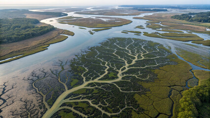 Aerial marsh tidal channels river delta coastal wetland estuary meandering water mudflat salt marsh low tide green vegetation breathe serenity across intricate waterways and braided streams
