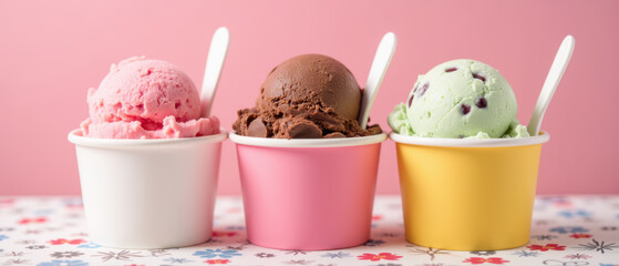 Delicious ice cream scoops in colorful cups, featuring pink strawberry, rich chocolate, and mint chocolate chip flavors, evoke joy and indulgence