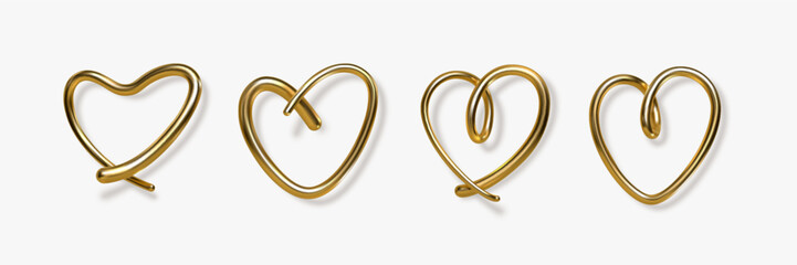 Obraz na płótnie Canvas 3d gold hand written heart with shadow on white background. Decorative elements for Valentines day or wedding design. Love sign and symbol. Vector illustration.