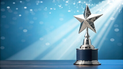 Star trophy metallic silver award victory success achievement celebration spotlight blue background. Star trophy metallic silver award victory success achievement celebration spotlight blue